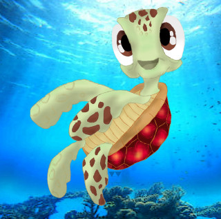 Cartoon turtle swimming red ball - underwater free wallpaper for tablet
