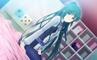 Anime girl long hair bedroom - blue pants free wallpaper