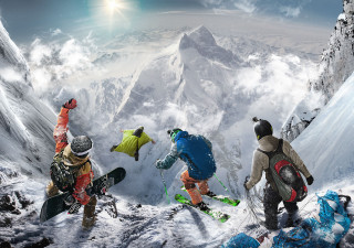 Mountain skiers snowboards planet scenery - a mountain top free wallpaper