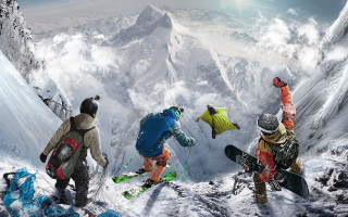 Snowboarders jumping mountain air background - a mountain side free wallpaper