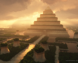 Large pyramid trees river dusk - christophe vacher free wallpaper for desktop