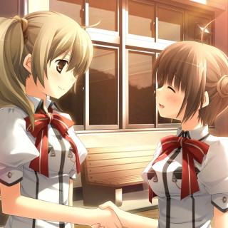 Anime girls window bench standing - near free wallpaper for tablet