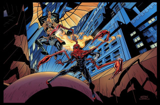 Spiderman demon fight cityscape skyscrapers - a comic book cover free wallpaper for desktop