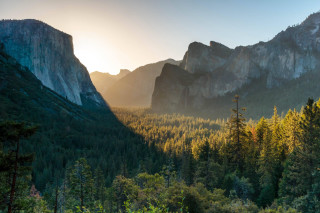 Mountain range forest sunset trees - anamorphic len free wallpaper for desktop