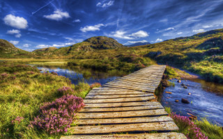 Wooden bridge river mountains flowers - derold page free wallpaper for desktop