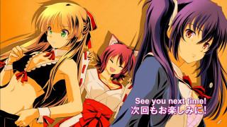 Anime girls group standing caption - a caption in the middle of the picture free wallpaper