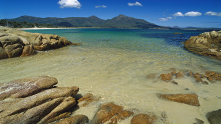 Beach rocks water mountain clouds - rock and water free wallpaper for desktop