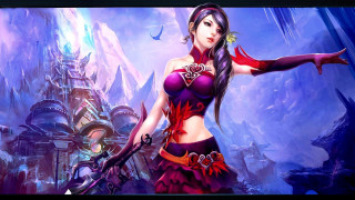 Woman purple outfit sword castle - overhead and a bird free wallpaper