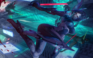 Futuristic woman sword city setting - a futuristic building free wallpaper