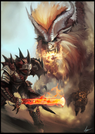 Demonic creatures fighting sword painting - free fantasy wallpaper for mobile