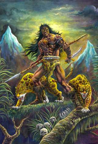 Man sword leopards jungle mountains - free fantasy wallpaper for mobile