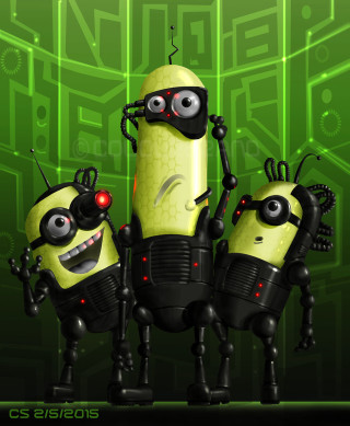 Three little robots green background - a group free wallpaper for mobile
