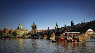 Boat bridge cityscape magicrealism florenceengelbach - a blue sky above free wallpaper for desktop