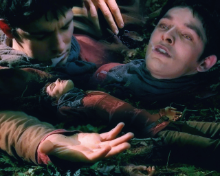 Man laying knife woman reaching - another man holding free wallpaper