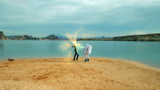 Man light saber beach lake - a light saber free wallpaper for desktop