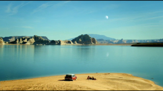 Truck beach mountains moon ocean - a half moon in the sky free wallpaper