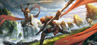 Fighting waterfall sword painting artwork - a red scarf free wallpaper