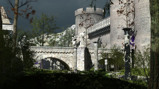Castle bridge statue trees dark - tree in front free wallpaper