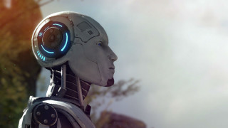 Robot headphones tree building sky - a tree and a building free wallpaper