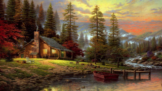 Cabin lake boat mountain painting 2 - edward lamson henry free wallpaper