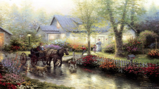 Horse drawn carriage garden flowers - thomas kindkade free wallpaper
