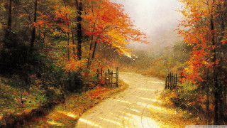 Autumn forest fence leaves burns - thomas kindkade free wallpaper