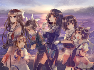 Anime girls beach sunset group - the sun setting behind them free wallpaper for desktop