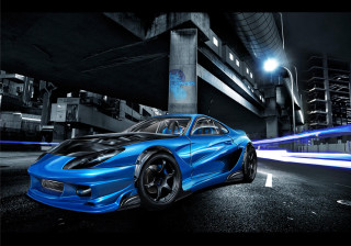 Blue sports car night street 4 - matte drawing free wallpaper for desktop