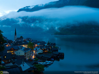 Town mountain lake foggy sky - a town free wallpaper