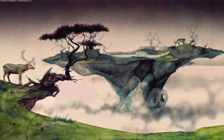 Mountain tree deer cliff fantasy - beksinski free wallpaper