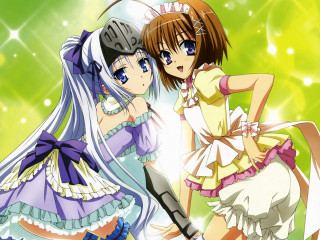 Anime girls dresses helmets green - a picture together free wallpaper