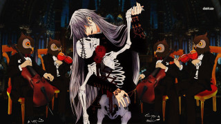 Skeleton girl long hair violin - a fine art painting free wallpaper for desktop