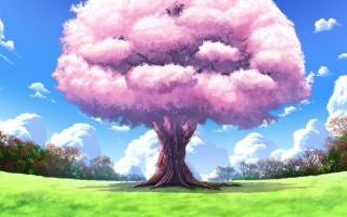 Tree pink cloud field grass - grass and trees free wallpaper