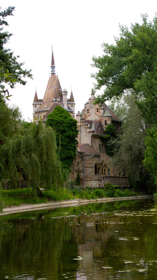 Castle pond trees bench scenery - neo free wallpaper for mobile