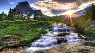 Waterfall mountain sunshine water running 2 - a waterfall free wallpaper