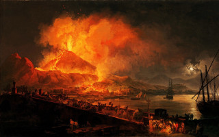 Fire harbor boats mountain painting - classical free wallpaper