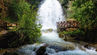 Bridge waterfall river forest mountain - a bridge over a river free wallpaper
