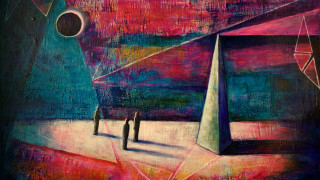 People pyramids foreground background painting - liminal space free wallpaper for desktop