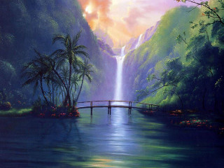 Waterfall bridge river sunset painting 2 - kinkade free wallpaper