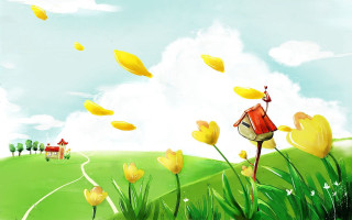 Birdhouse bird flying field flowers 2 - a red barn free wallpaper