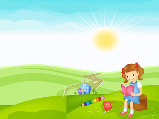 Girl sitting hill reading book - storybook illustration free wallpaper for desktop