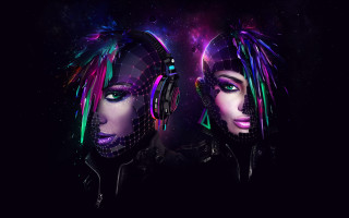 Neon hair headphones women faces - cyberpunk style free wallpaper for desktop