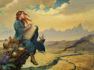 Woman sitting suitcase desert mountains - a painting of a woman free wallpaper