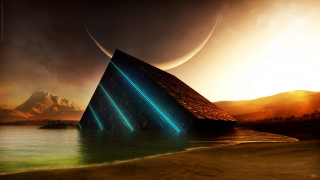 Futuristic building beach mountains distant - a crescent free wallpaper