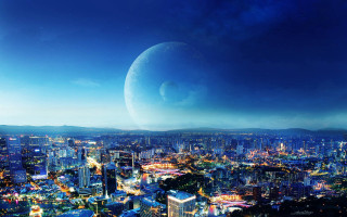 Cityscape moon stars aurora ferris - a distant object in the distance free wallpaper