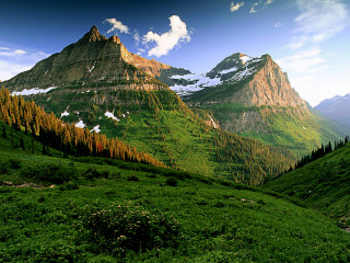 Mountain range trees clouds stream - the valley free wallpaper