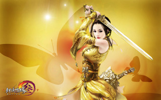 Woman yellow dress sword butterfly - fantasy artwork free wallpaper