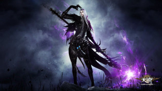 Woman sword dark background purple - epic fantasy character art free wallpaper