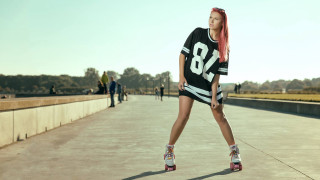 Woman pinkhair rollerskates bridge dog - a dog free wallpaper