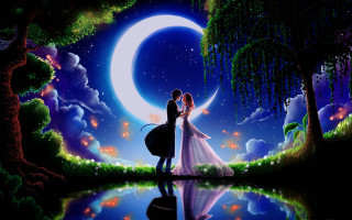 Couple moon trees reflection water 3 - romantic free wallpaper